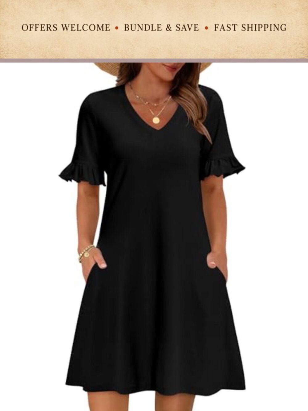 Floral V Neck Ruffle Short Sleeve A Line T Shirt Dress with Pockets